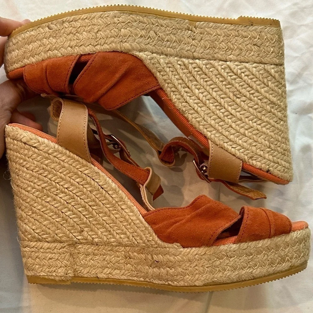Kanna Anthropologie Suede Leather Orange Espadrille Platform Wedge Sandal 9